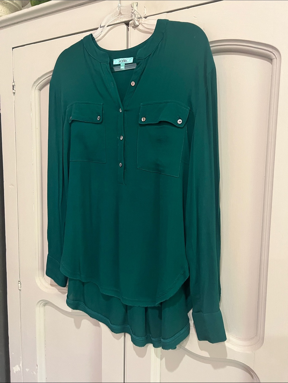 Karlie Teal Green Button-Front Utility Blouse